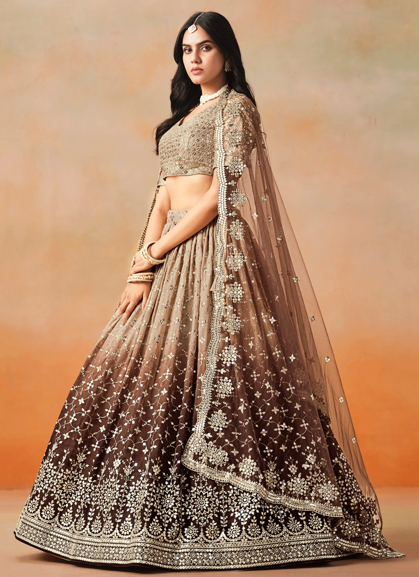 Ombre Brown Georgette Sequins Embroidered Lehenga Choli