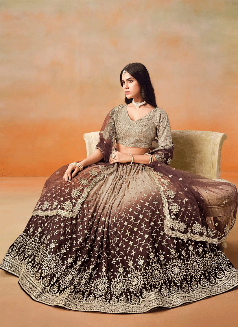 Ombre Brown Georgette Sequins Embroidered Lehenga Choli