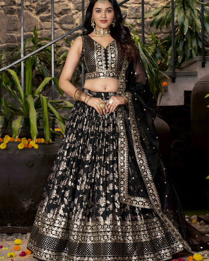 Striking Black Zari Dola Silk Jacquard Embroidered Wedding Lehenga Choli Set