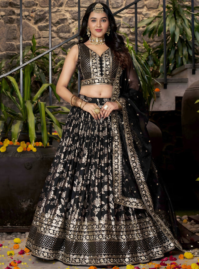 Striking Black Zari Dola Silk Jacquard Embroidered Wedding Lehenga Choli Set