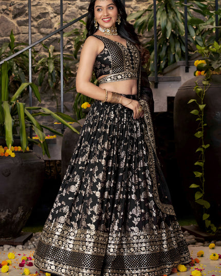Striking Black Zari Dola Silk Jacquard Embroidered Wedding Lehenga Choli Set