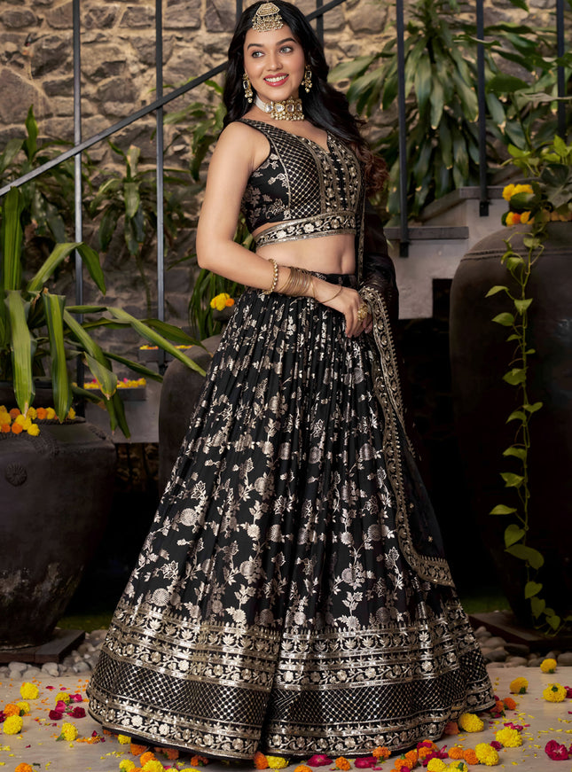 Striking Black Zari Dola Silk Jacquard Embroidered Wedding Lehenga Choli Set