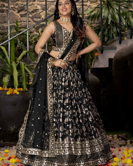 Striking Black Zari Dola Silk Jacquard Embroidered Wedding Lehenga Choli Set