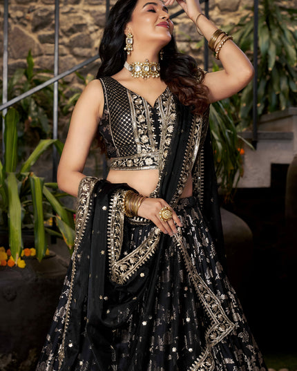 Striking Black Zari Dola Silk Jacquard Embroidered Wedding Lehenga Choli Set