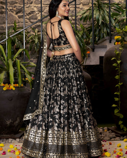 Striking Black Zari Dola Silk Jacquard Embroidered Wedding Lehenga Choli Set