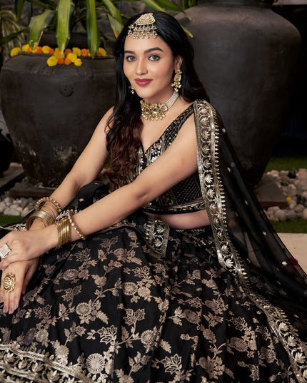 Striking Black Zari Dola Silk Jacquard Embroidered Wedding Lehenga Choli Set