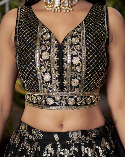Striking Black Zari Dola Silk Jacquard Embroidered Wedding Lehenga Choli Set