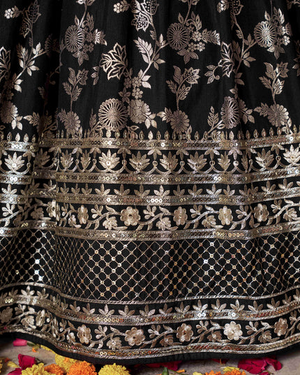 Striking Black Zari Dola Silk Jacquard Embroidered Wedding Lehenga Choli Set