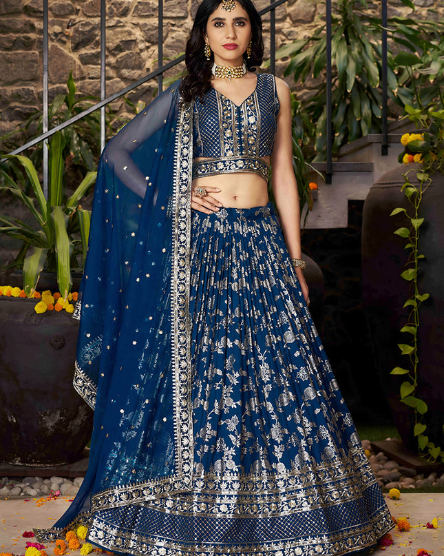 Vibrant Peacock Blue Zari Dola Silk Jacquard Embroidered Wedding Lehenga Choli Set