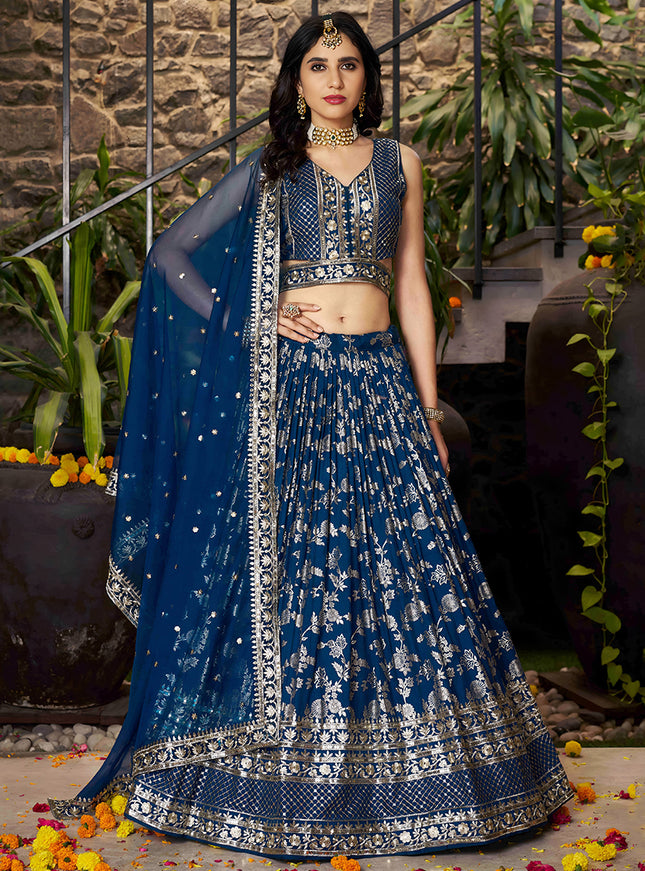 Vibrant Peacock Blue Zari Dola Silk Jacquard Embroidered Wedding Lehenga Choli Set