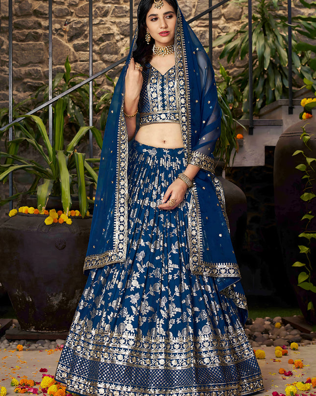 Vibrant Peacock Blue Zari Dola Silk Jacquard Embroidered Wedding Lehenga Choli Set