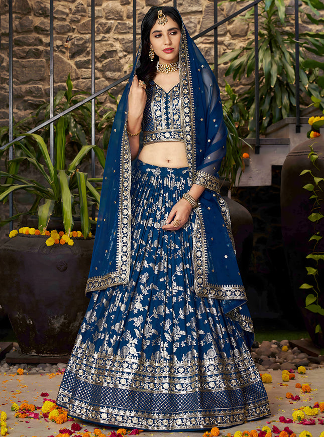 Vibrant Peacock Blue Zari Dola Silk Jacquard Embroidered Wedding Lehenga Choli Set
