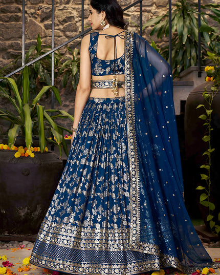 Vibrant Peacock Blue Zari Dola Silk Jacquard Embroidered Wedding Lehenga Choli Set