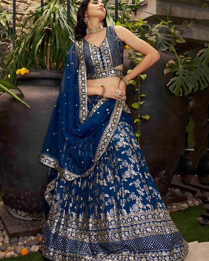 Vibrant Peacock Blue Zari Dola Silk Jacquard Embroidered Wedding Lehenga Choli Set