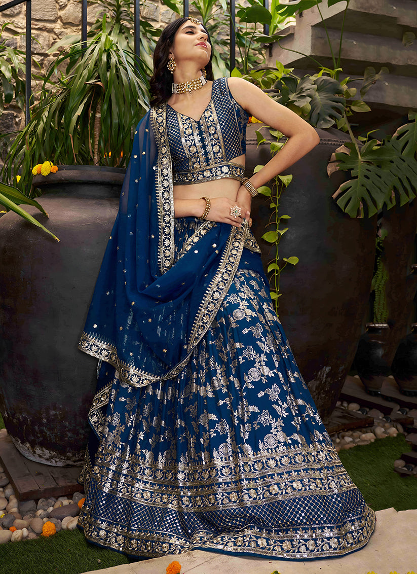 Vibrant Peacock Blue Zari Dola Silk Jacquard Embroidered Wedding Lehenga Choli Set
