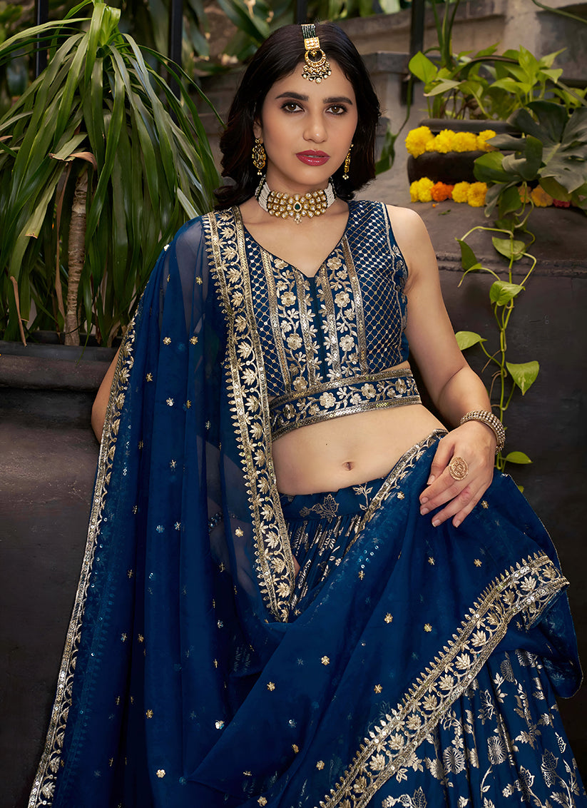 Vibrant Peacock Blue Zari Dola Silk Jacquard Embroidered Wedding Lehenga Choli Set