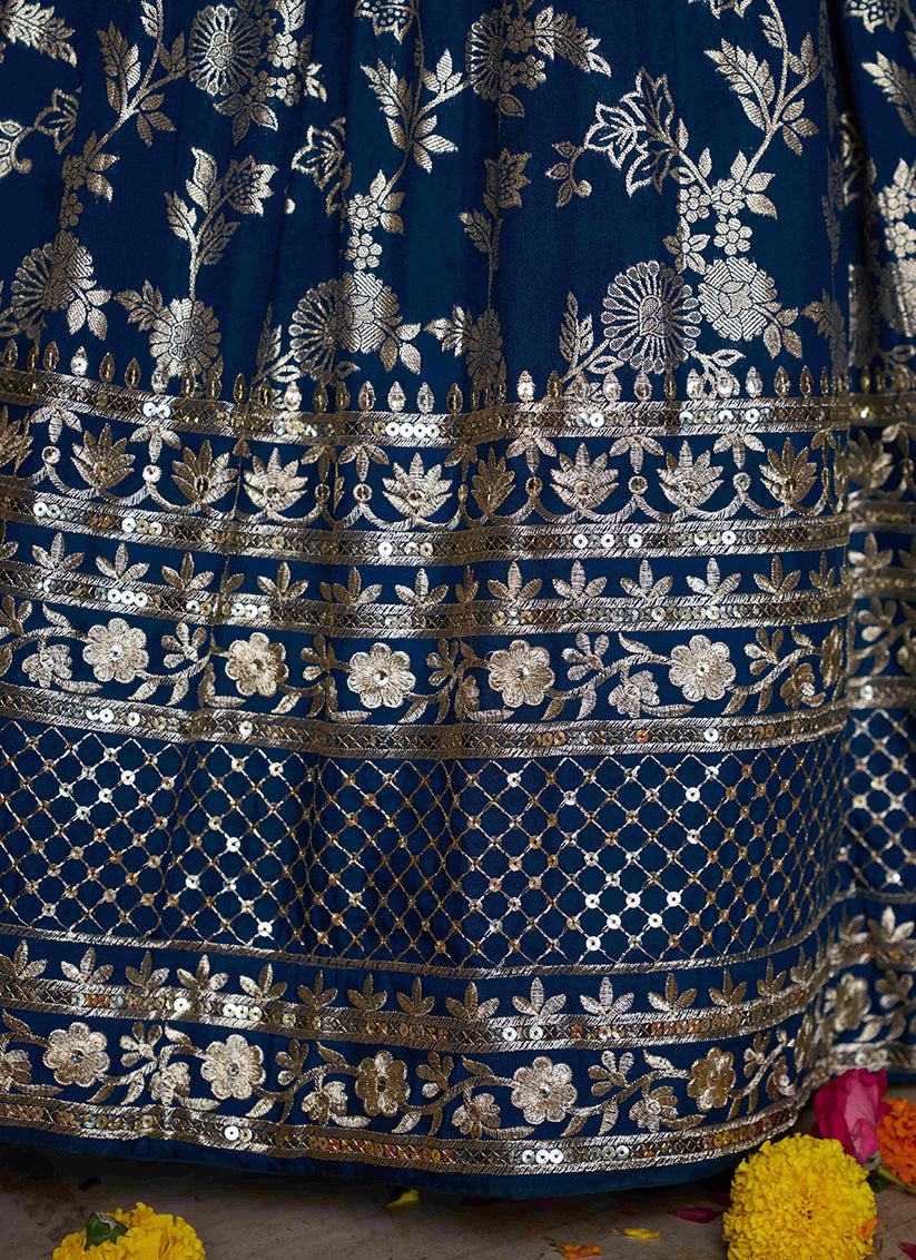 Vibrant Peacock Blue Zari Dola Silk Jacquard Embroidered Wedding Lehenga Choli Set