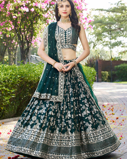Sleek Pine Green Zari Dola Silk Jacquard Embroidered Wedding Lehenga Choli Set