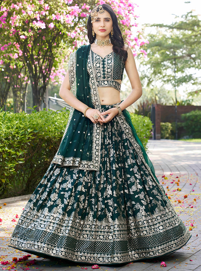 Sleek Pine Green Zari Dola Silk Jacquard Embroidered Wedding Lehenga Choli Set