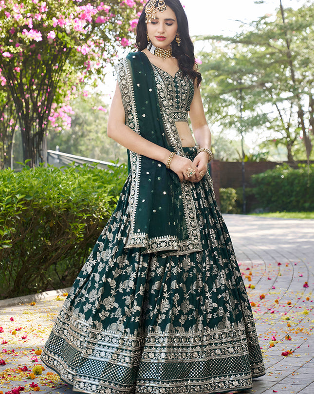 Sleek Pine Green Zari Dola Silk Jacquard Embroidered Wedding Lehenga Choli Set