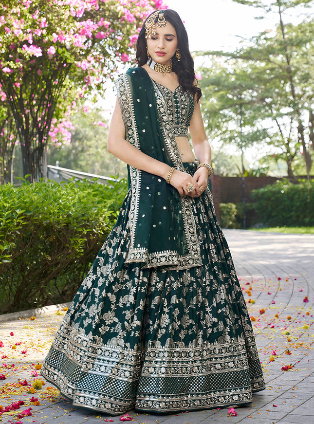 Sleek Pine Green Zari Dola Silk Jacquard Embroidered Wedding Lehenga Choli Set