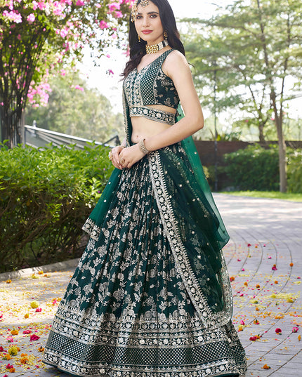 Sleek Pine Green Zari Dola Silk Jacquard Embroidered Wedding Lehenga Choli Set