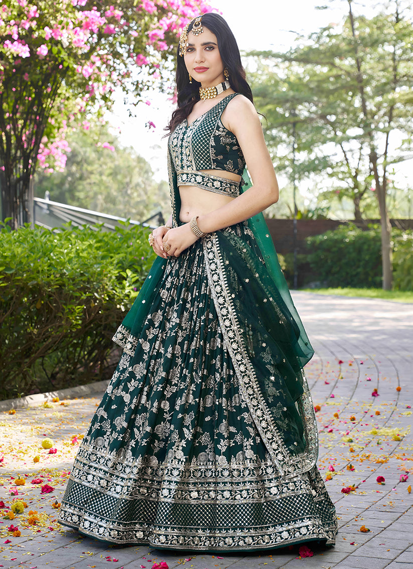 Sleek Pine Green Zari Dola Silk Jacquard Embroidered Wedding Lehenga Choli Set