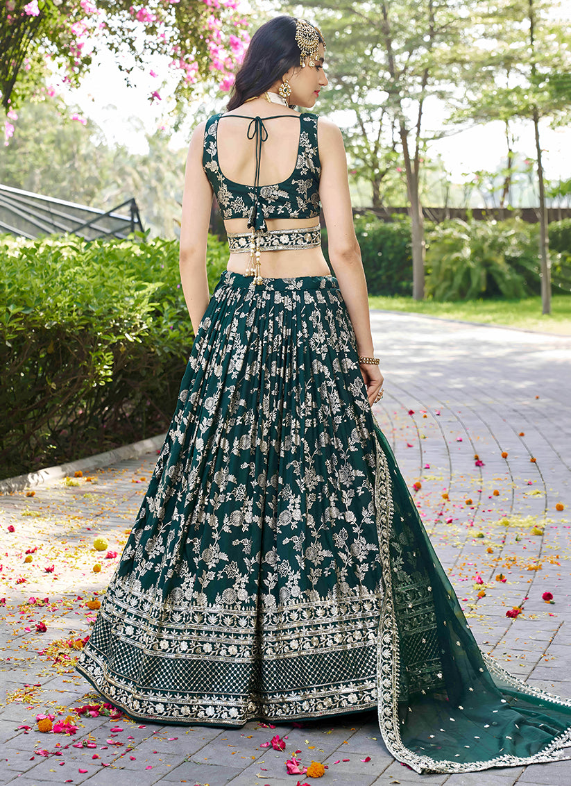Sleek Pine Green Zari Dola Silk Jacquard Embroidered Wedding Lehenga Choli Set