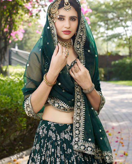 Sleek Pine Green Zari Dola Silk Jacquard Embroidered Wedding Lehenga Choli Set