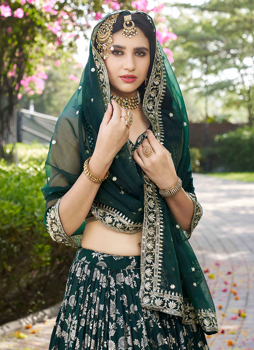 Sleek Pine Green Zari Dola Silk Jacquard Embroidered Wedding Lehenga Choli Set