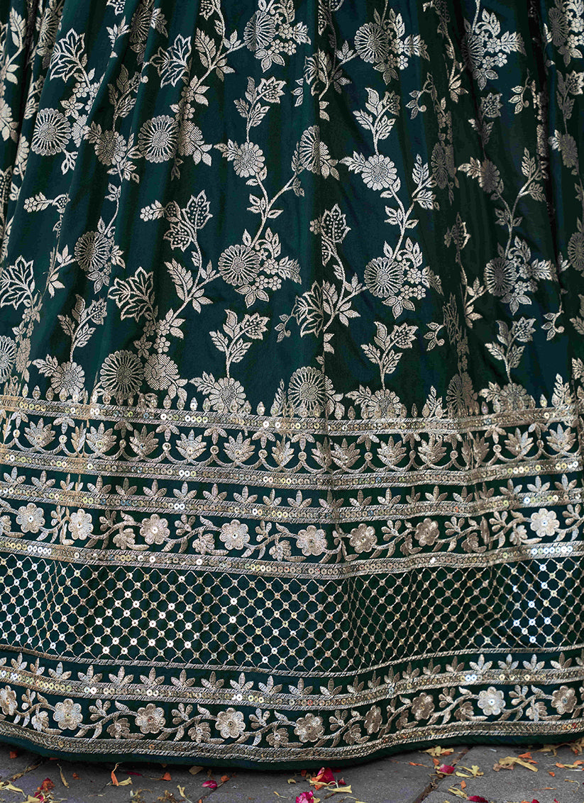 Sleek Pine Green Zari Dola Silk Jacquard Embroidered Wedding Lehenga Choli Set