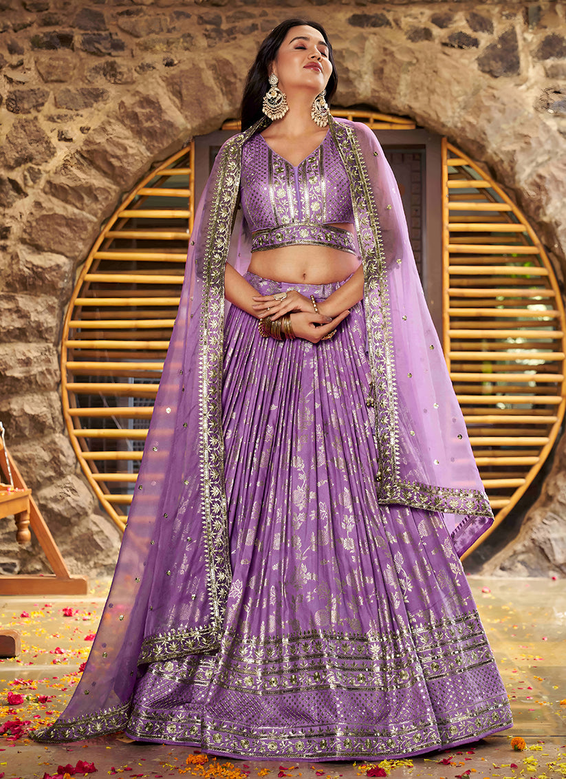 Opulent Lavender Zari Dola Silk Jacquard Embroidered Wedding Lehenga Choli Set