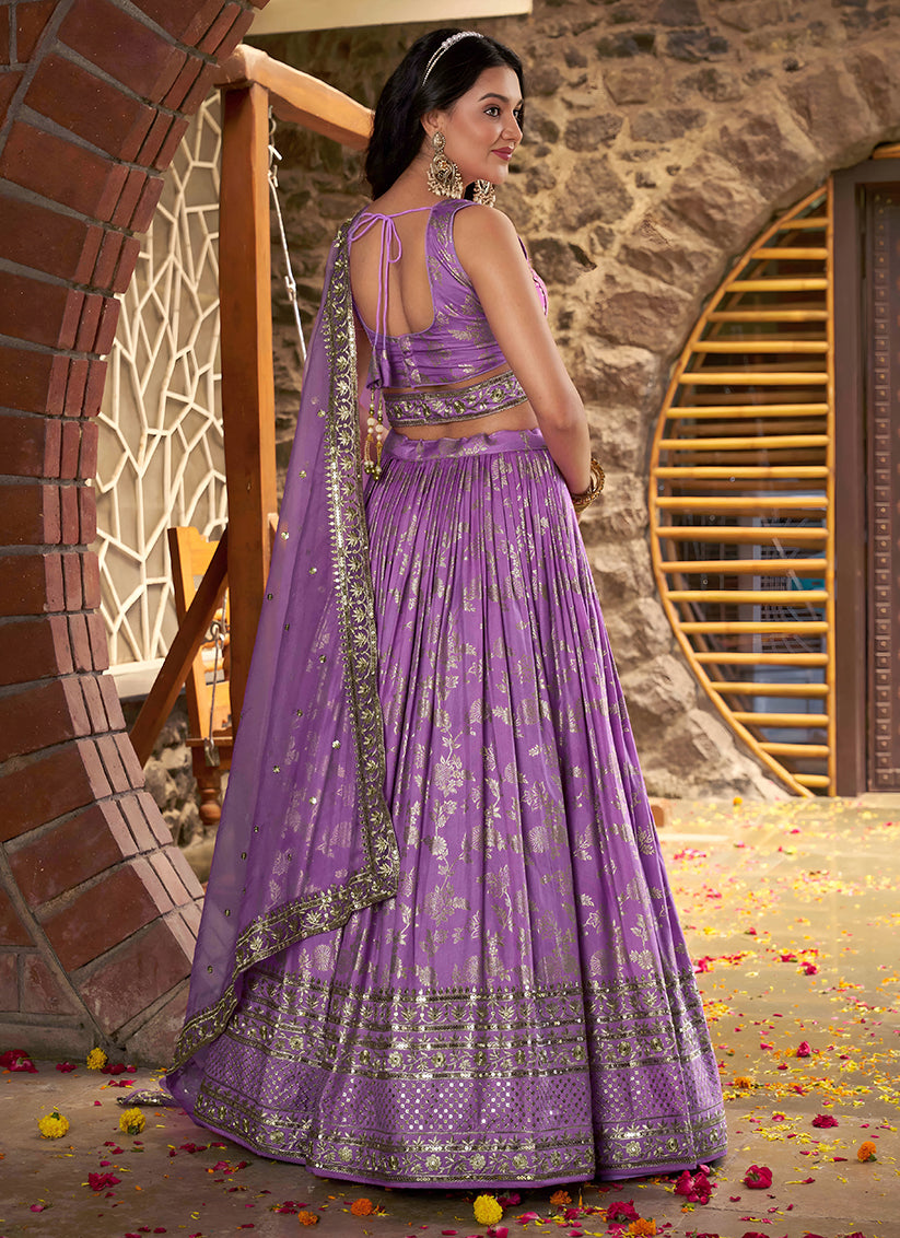 Opulent Lavender Zari Dola Silk Jacquard Embroidered Wedding Lehenga Choli Set