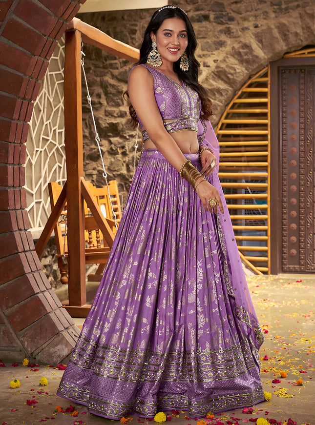 Opulent Lavender Zari Dola Silk Jacquard Embroidered Wedding Lehenga Choli Set