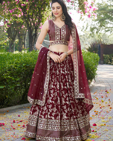 Fashionable Maroon Zari Dola Silk Jacquard Embroidered Wedding Lehenga Choli Set