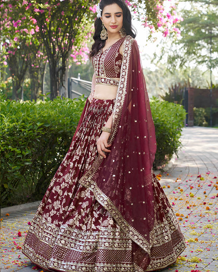 Fashionable Maroon Zari Dola Silk Jacquard Embroidered Wedding Lehenga Choli Set