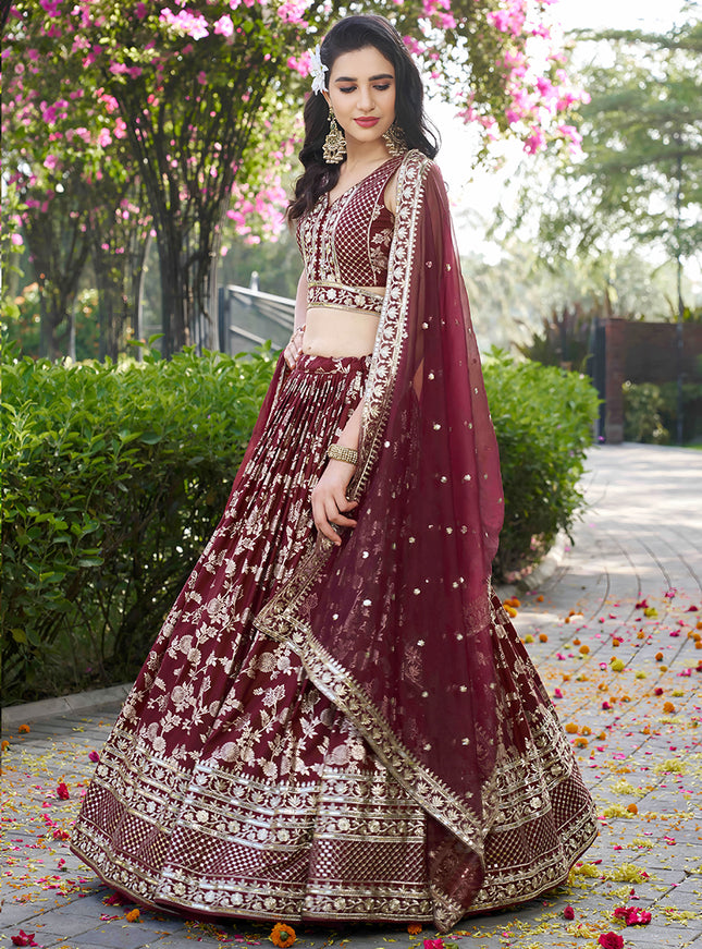 Fashionable Maroon Zari Dola Silk Jacquard Embroidered Wedding Lehenga Choli Set