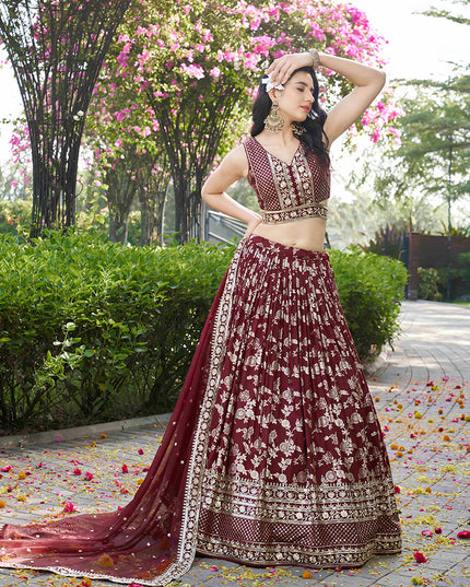 Fashionable Maroon Zari Dola Silk Jacquard Embroidered Wedding Lehenga Choli Set