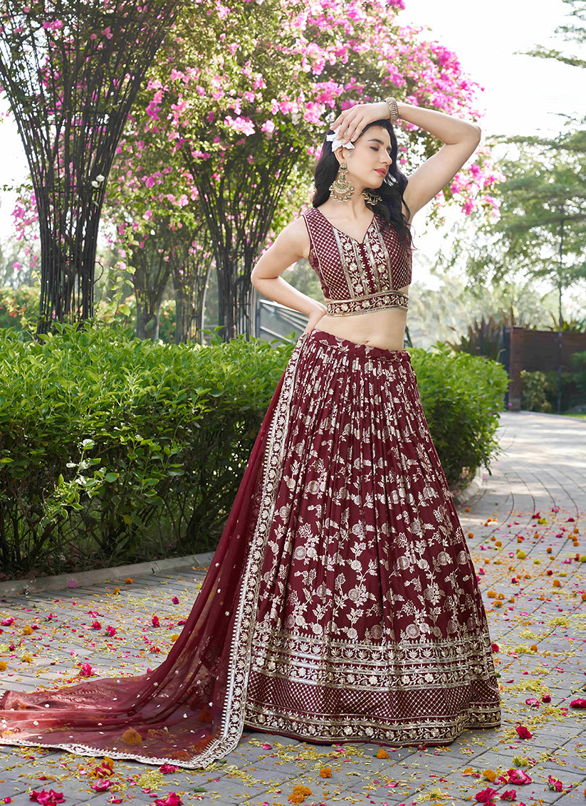 Fashionable Maroon Zari Dola Silk Jacquard Embroidered Wedding Lehenga Choli Set