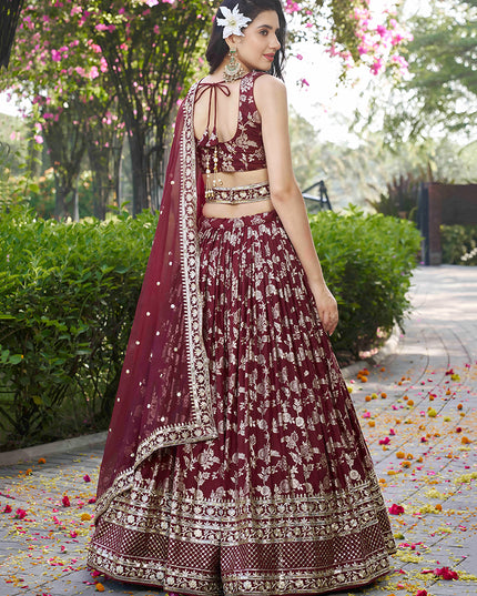 Fashionable Maroon Zari Dola Silk Jacquard Embroidered Wedding Lehenga Choli Set