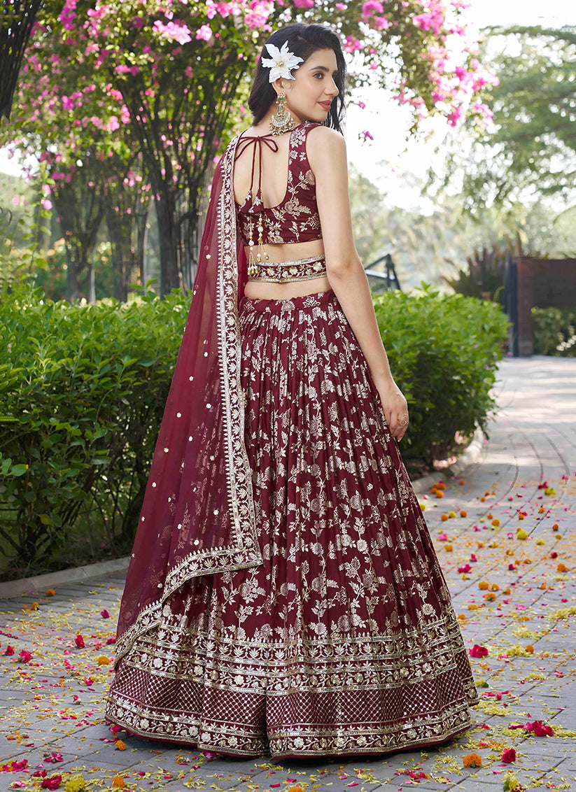Fashionable Maroon Zari Dola Silk Jacquard Embroidered Wedding Lehenga Choli Set