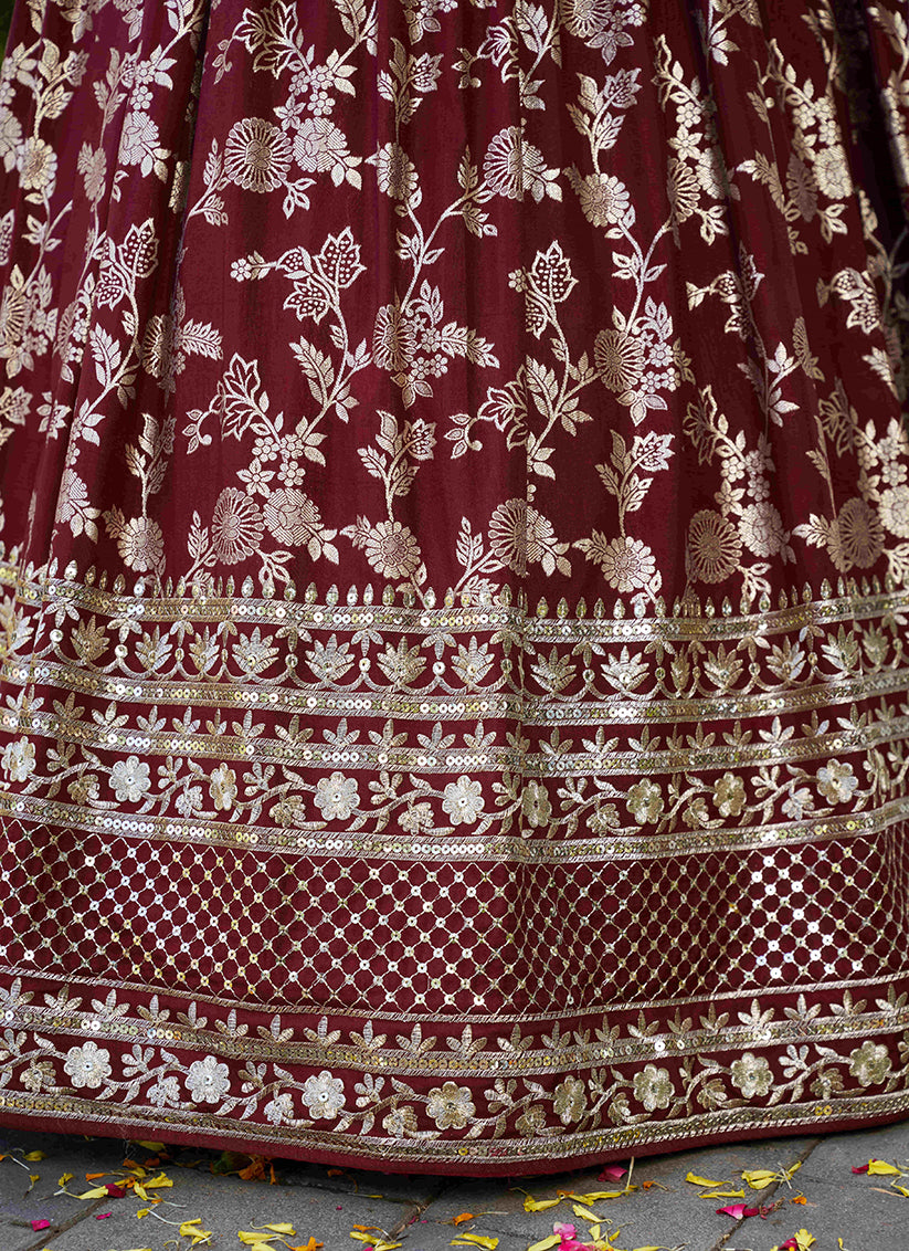 Fashionable Maroon Zari Dola Silk Jacquard Embroidered Wedding Lehenga Choli Set
