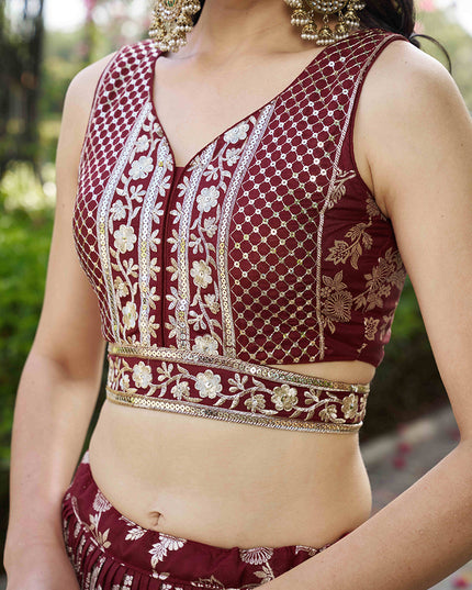 Fashionable Maroon Zari Dola Silk Jacquard Embroidered Wedding Lehenga Choli Set