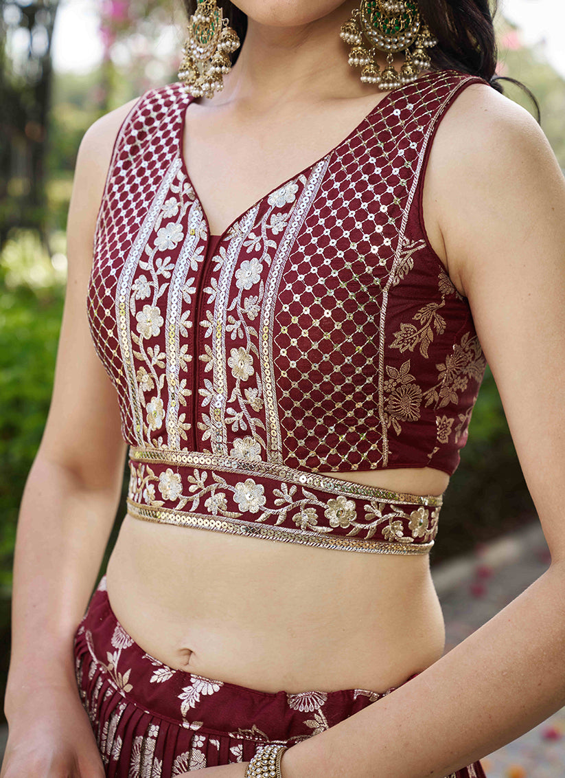 Fashionable Maroon Zari Dola Silk Jacquard Embroidered Wedding Lehenga Choli Set