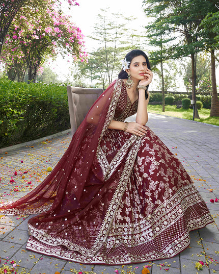 Fashionable Maroon Zari Dola Silk Jacquard Embroidered Wedding Lehenga Choli Set