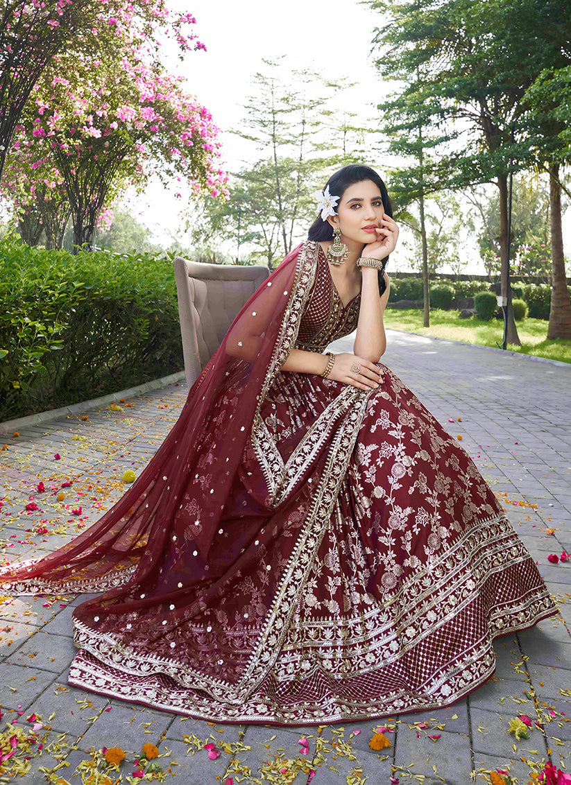 Fashionable Maroon Zari Dola Silk Jacquard Embroidered Wedding Lehenga Choli Set