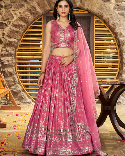Dashing Salmon Pink Zari Dola Silk Jacquard Embroidered Wedding Lehenga Choli Set