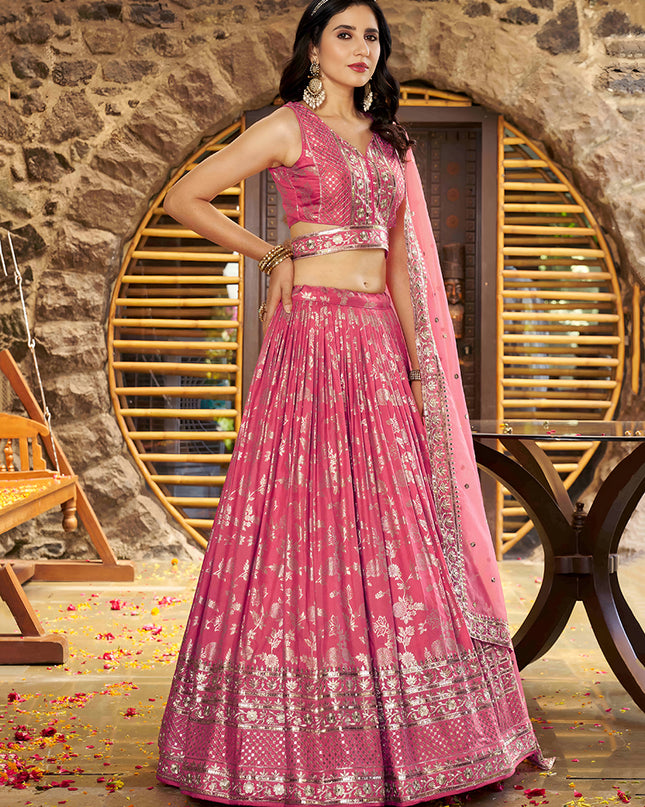 Dashing Salmon Pink Zari Dola Silk Jacquard Embroidered Wedding Lehenga Choli Set