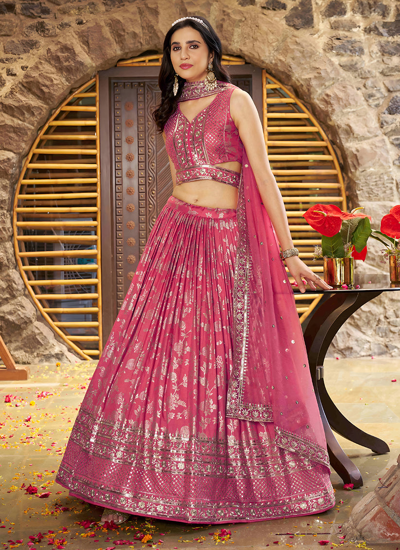 Dashing Salmon Pink Zari Dola Silk Jacquard Embroidered Wedding Lehenga Choli Set