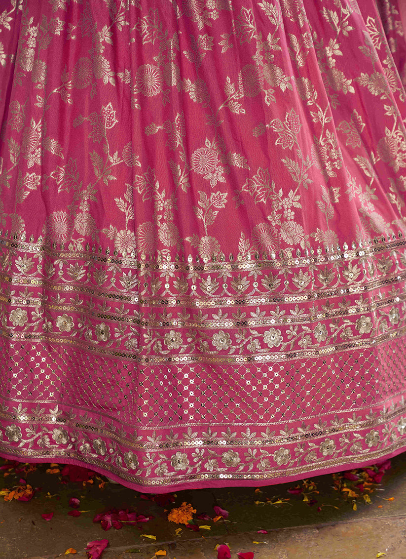 Dashing Salmon Pink Zari Dola Silk Jacquard Embroidered Wedding Lehenga Choli Set